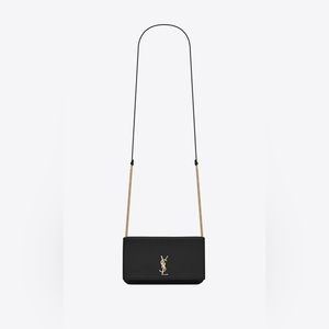 YSL SAINT LAURENT CASSANDRE PHONE HOLDER WITH STRAP IN BLACK SMOOTH LEATHER $745